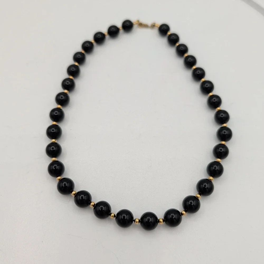 Vintage‎ Monet Black Beaded Choker Necklace Gold Tone Spacers 15